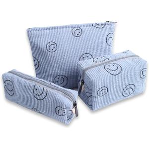 Cosmetic Bags for Women - 3PCs Corduroy Cosmetic Bag Aesthetic Women Handbags Purses Smile Dots Makeup Organizer Storage Makeup Bag Girls Case Bags (3Pcs blue)