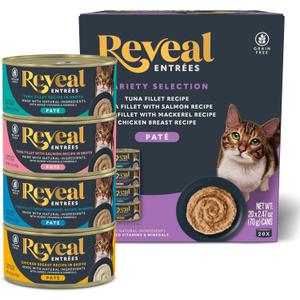 Reveal Entres Natural Wet Cat Food Pat, Grain-Free with Added Vitamins & Minerals, Carrageenan-Free and High Protein, Variety Selection in Pate (20 x 2.47 oz cans), Best By: 12/05/2028