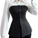 SweatyRocks Women's Long Sleeve Button Down Fitted Color Block Striped Blouses Shirts Elegant Work Tops (Medium, Black and White)