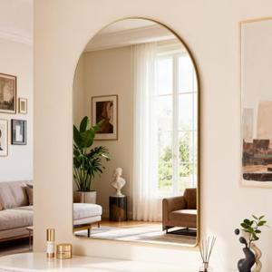 Gold Metal Frame Bathroom Arch Mirror for Over Sink, 24x36 Inch Rounded Arched Tempered Mirror, Wall Vanity Mirror for Farmhouse, Modern Luxe Mirror for Bedroom, Living Room, Entryway