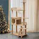 54-Inch Cat Tower, Multi-Level Pure Wood-Modern Cat Tree Tower with Condo, Cat Stairs, Bowl, 9 Sisal Scratching Posts, Top Perch, Toy Balls, Cat Tree for Indoor Cats Large Adult (KT-1022)