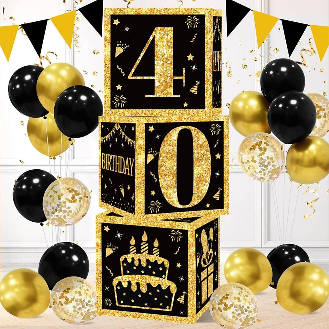 40th Birthday Decorations Boxes for Men- 3PCS Black Gold Happy 40th Birthday Balloons Boxes, 40 Year Old Party Supplies for Men Women