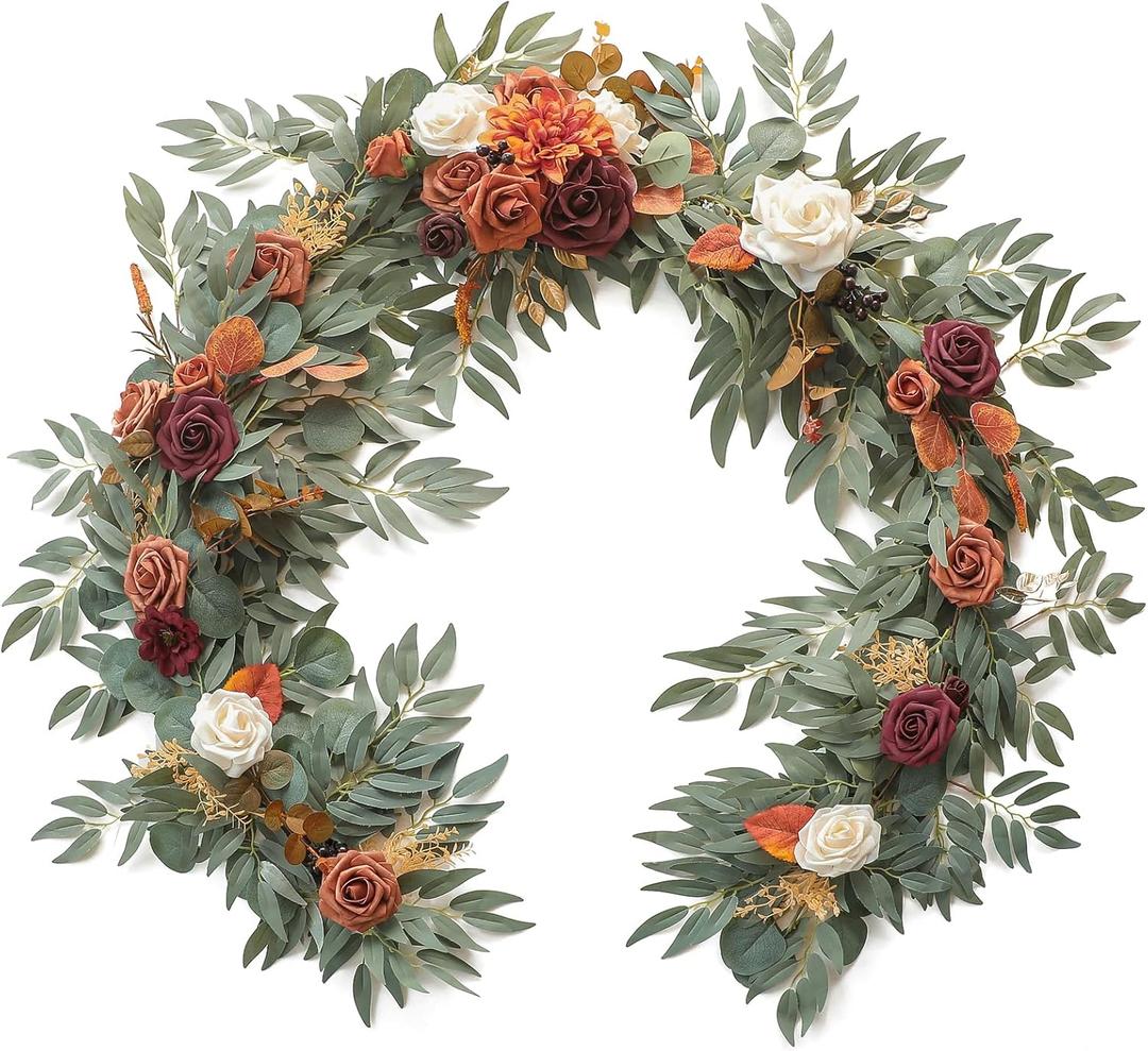 Floroom 6ft Artificial Eucalyptus Garland with Flowers Fake Greenery Burnt Orange Faux Floral Vine Garland for Table Decor Wedding Centerpieces Bridal Shower Party Decorations, Terracotta