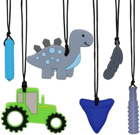 Chew Necklaces for Sensory Kids, 6 Pcs Chewy Necklace Teether for Boys and Girl to Chewing Biting and Teething, Silicone Chewable Fidget Necklaces for Autistic Toddlers Children Teens and Adults