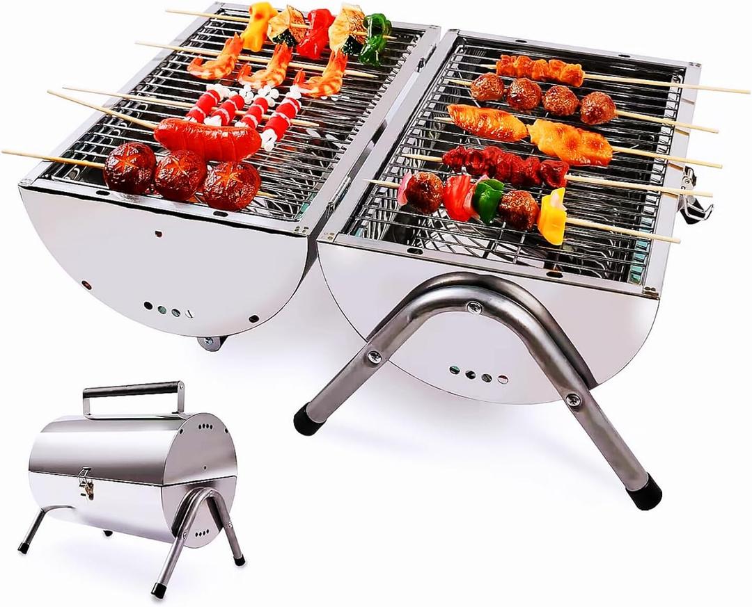 Upgraded Rust-Resistant Premium Stainless Steel Portable Charcoal Grill, Dual Large Grilling Zones,Easy-to-Assemble Outdoor Small Grill for Backyard,Patio,Travel&Camping,Foldable Tailgate Compact BBQ