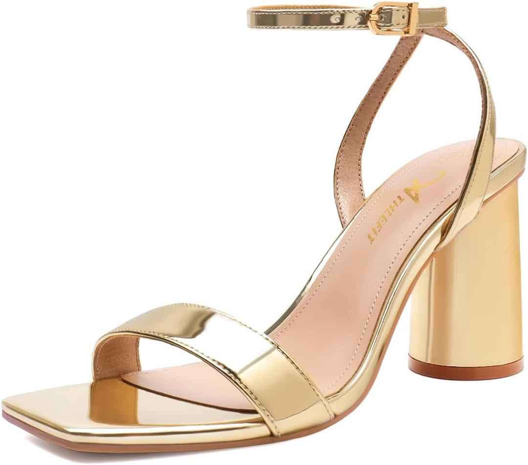 Athlefit Chunky Heels for Women Block Heeled Sandals Square Toe Ankle Strap Fashion High Heels for Prom (9.5, Gold)