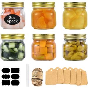 Rainforce Mason Jars 8 oz with Gold Lids 6 Pack Small 8 oz Glass Jars with Lids, Regular Mouth Half Pint Canning for Food Storage, Jam, Honey, Spice, Candle, Overnight Oats & DIY Projects