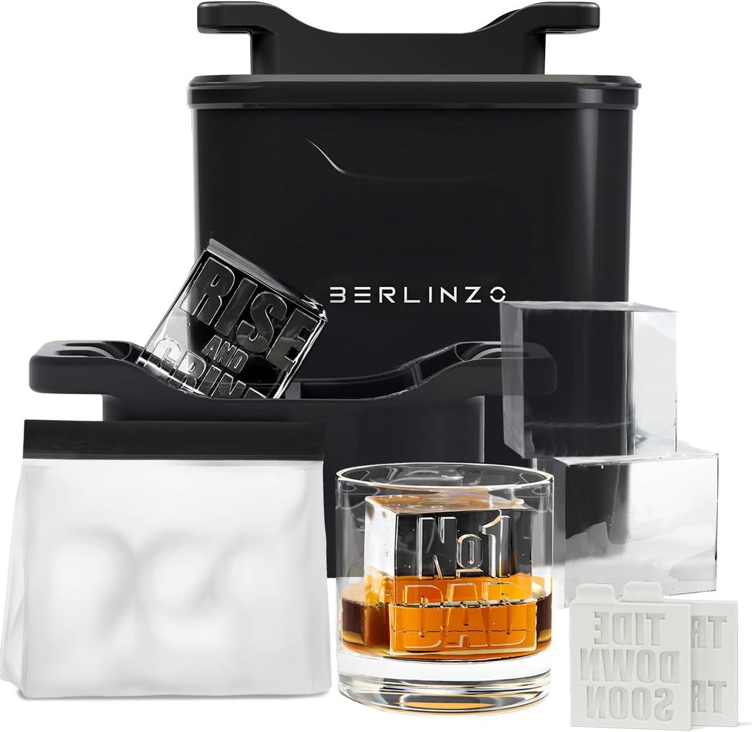Berlinzo Premium Clear Ice Cube Maker with Conversation Ice Prints  4 Large 2.1" Crystal Clear Ice Squares  Giftable Idea for Party, Game Night & Just for Fun  Includes Storage Bag (Non-Electric)