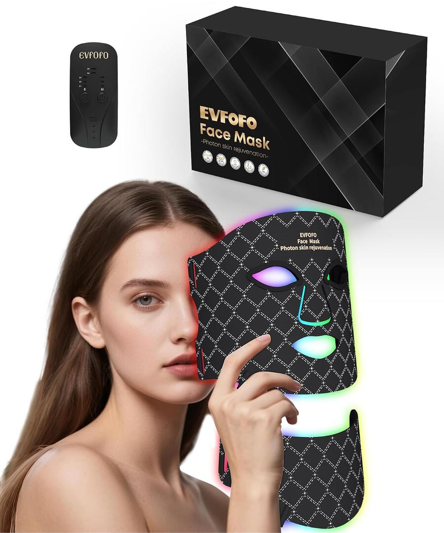 EVFOFO 7-Color LED Red Light Mask with 630nm & 850nm NIR - Red Light Therapy for Face and Neck, Promotes Refined Skin, Clarifies Blemishes & Smooths Fine Lines for Home, Work & Rest, Black