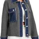 KEOMUD Women's Fall Button Down Knit Cardigan Sweater Casual Cropped Shacket Jacket with Denim Lapel Pockets Cuff (S)