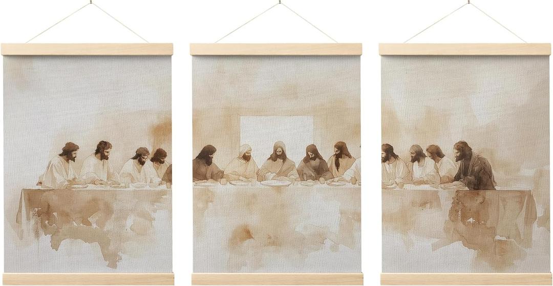 FGFK Christian Jesus the Last Supper Wall Art Poster Hanger Frame, Last Supper Wall Decor, Religious Jesus Canvas Prints Framed Wall Decor for Home Dining Room Church, 12x16 Inch Set of 3