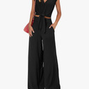 PRETTYGARDEN Women's Summer 2 Piece Outfits 2025 Cap Sleeve V Neck Belted Crop Tops Wide Leg Pant Sets Casual Tracksuit
Size M