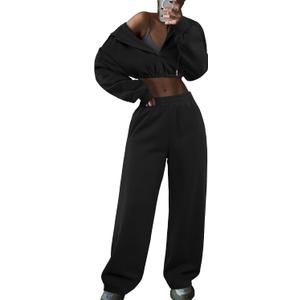 LovelyWholesale Sweatsuits Women 2 Piece Outfit Cropped Zip Up Hoodie and Sweatpants Sets (Black, M)