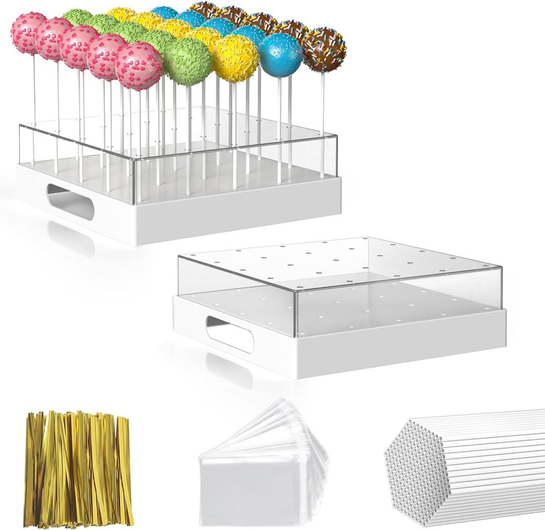 2 Pack Cake Pop Stand,25 Holes Clear Cake Pops Display Holder,Cake Pop Sticks Kit, Candy Pop Holder,cake pop mold for Party,Wedding,Birthday(White,2-Pack)