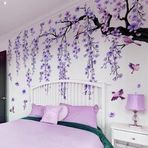 Lilac Wall Decoration Large Cherry Blossom Tree Wall Stickers, 4 Sheets Spring Purple Flower Bird Wall Decals Peel and Stick Wall Murals Decor for Living Room Bedroom (Purple, 11.8 * 35.4inch)
