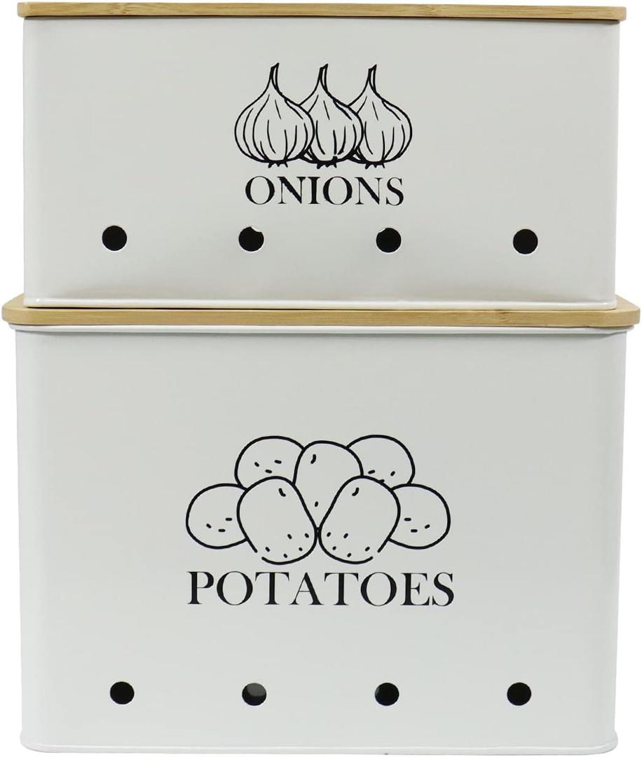 Potato and Onion Storage Bin Set of 2, Vented Metal Vegetable Storage with Wooden Lids, Farmhouse Kitchen Canisters for Countertop Pantry Organizer, Potato Bin Onion Holder for Produce Storage, White