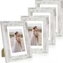4x6 Picture Frame Set of 4, Made of Real Glass and Distressed White Wooden Frame, 4 by 6 Photo for Wall or Tabletop - Display Picture 3.5x5 with Mat or 4x6 Without Mat