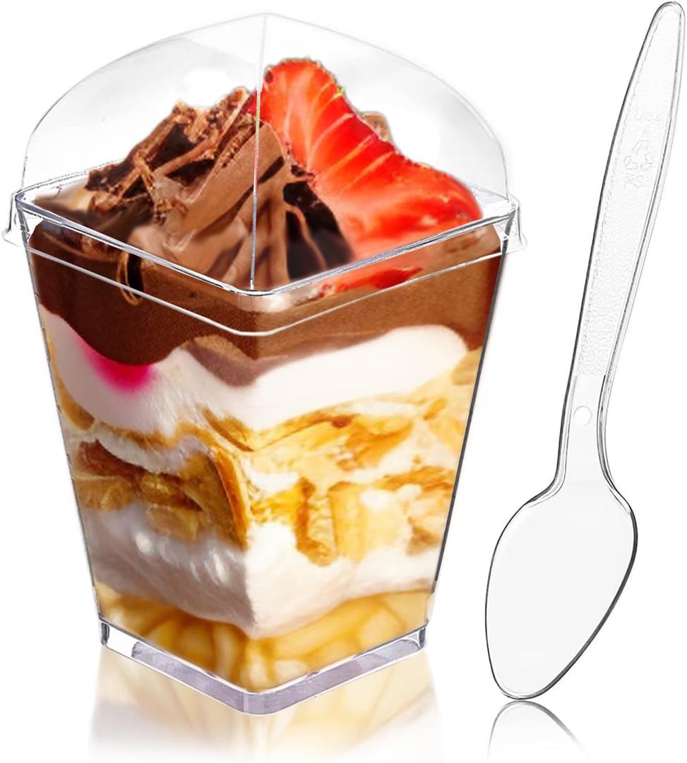 50Pack 5oz Plastic Dessert Cups with Lids and Spoons, Square Clear Parfait Appetizer Cups, Mini Reusable Shooter Serving Cups, Party Dessert Shot Glasses for Tasting