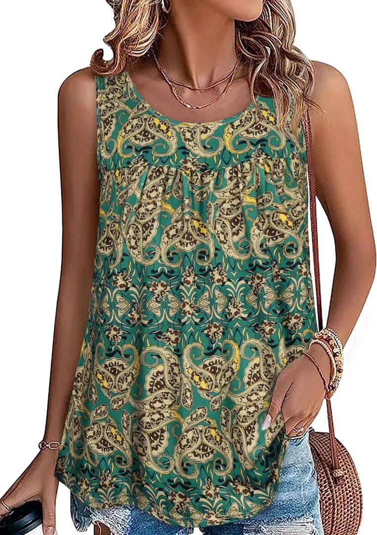 CHICGAL Womens Summer Tank Tops Sleeveless T Shirt Casual Loose Fit Tunic Blouses, X-Large, Green Paisley