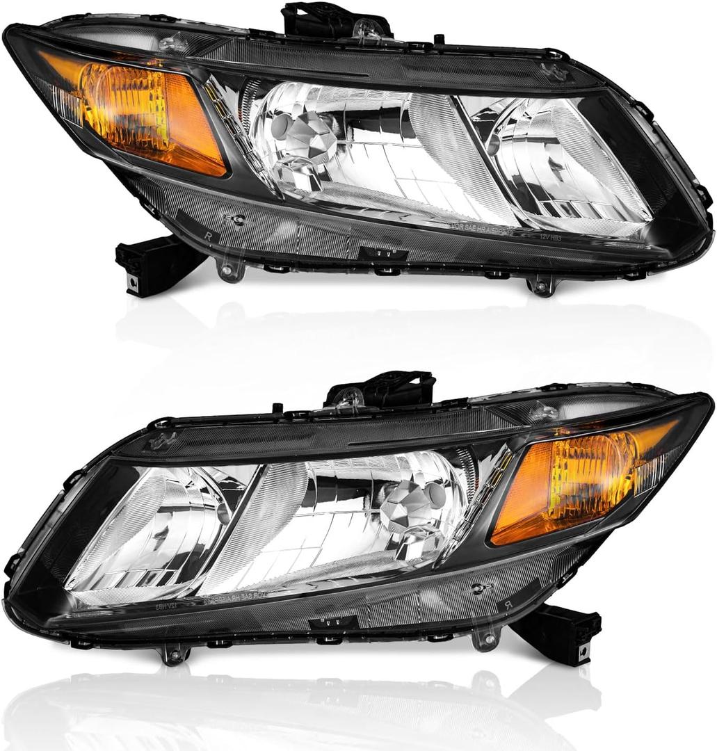 WEELMOTO for 2012-2015 Honda Civic 4Dr Sedan Headlights for 12-13 Honda Civic 2Dr Coupe Pair Headlamp Black Housing Amber Reflector Left+Right Side (Does NOT Fit Hybrid or Hybrid-L Models)