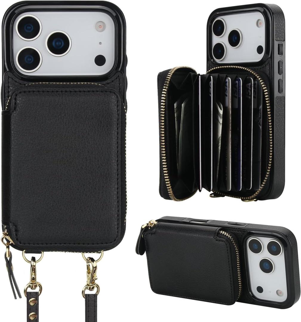 Bocasal Crossbody Wallet Case for iPhone 17 Pro, RFID Blocking Leather Purse Case with Card Holder, Protective Handbag Flip Cover with Zipper Wrist Strap Lanyard for Women 5G 6.3 Inch (Black)