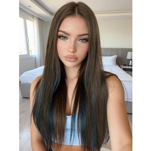 FANCEE Brown Mixed Blue Wig 30 Inch Long Straight Brown Peekaboo Blue Wig for Women 4x1 Lace Part Synthetic Heat Resistant Wigs for Cosplay Halloween Party Daily