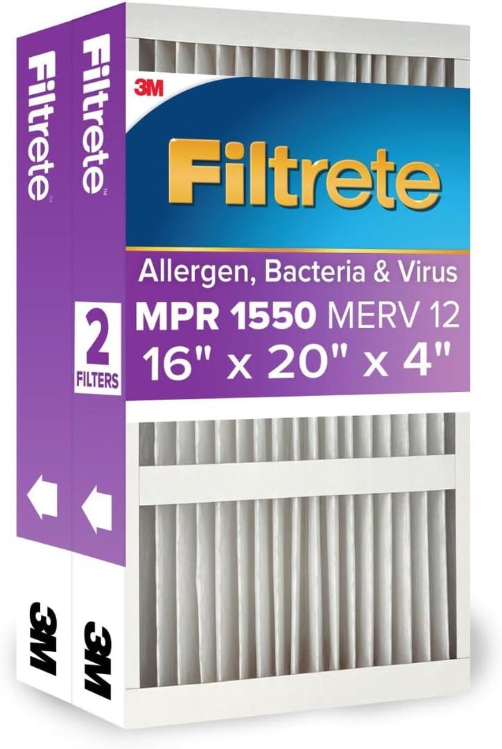 Filtrete 16x20x4 AC Furnace Air Filter, MPR 1550, MERV 12, Fits Lennox & Honeywell, CERTIFIED Asthma & Allergy Friendly, Electrostatic Air Cleaning Filter, 2-Pack (actual size 15.88 x 19.88 x 4.31) (16 x 20 x 4)