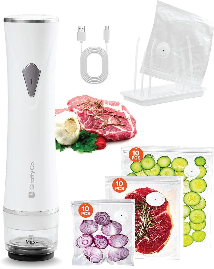 Vacuum Sealer Machine with Visible Water Tank, 30 Reusable Bags (S, M, L - 10 Each), Foldable Drying Rack, and Charging Cable Compact & Powerful Handheld Food Sealer for Freshness, Sealer Set