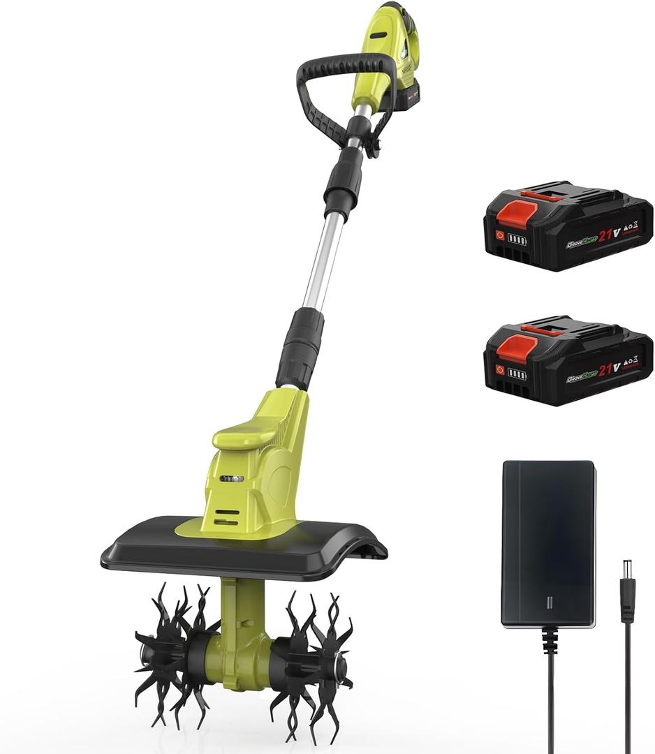 20V Cordless Tiller Cultivator with 48 Steel Tines, 9-inch Wide Battery Powered Garden Cultivator, Mini Tiller for Lawn/Gardening/Soil Cultivation (2*2Ah Battery and Fast Charger Included)