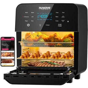 Nuwave Brio 15.5Qt Air Fryer Rotisserie Oven, X-Large Family Size, Powerful 1800W, 4 Rack Positions, 50-425F Temp Controls, 100 Presets & 50 Memory, Integrated Smart Thermometer, Linear T Technology