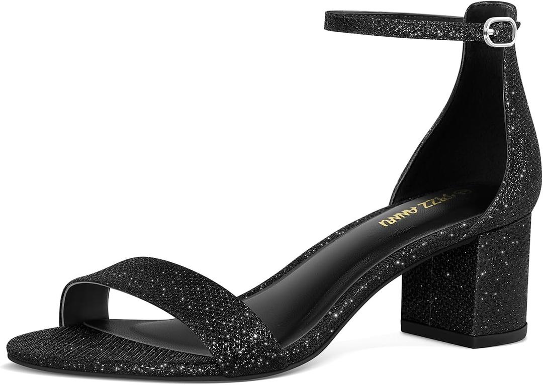 PIZZ ANNU Women's Low Block Chunky Heels Sandals Comfortable Open Toe Ankle Strap Party Dress Pump Shoes Strappy Buckle Heeled Sandal with 2 Inches Tall Thick Heel Design, Size 8
