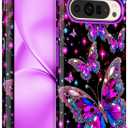 LONTECT for Google Pixel 9/9 Pro Case, Floral Shockproof Rugged Heavy Duty 3 in 1 Hybrid Sturdy High Impact Protective Cover,Glow in The Dark Amaranth
