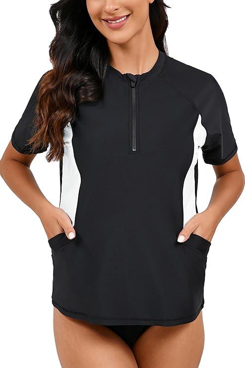 Halcurt Women's Half Zip Short Sleeve Rash Guard Top with Bra Side Pockets Swim Shirts UPF50+ Swimsuit Black  Size S