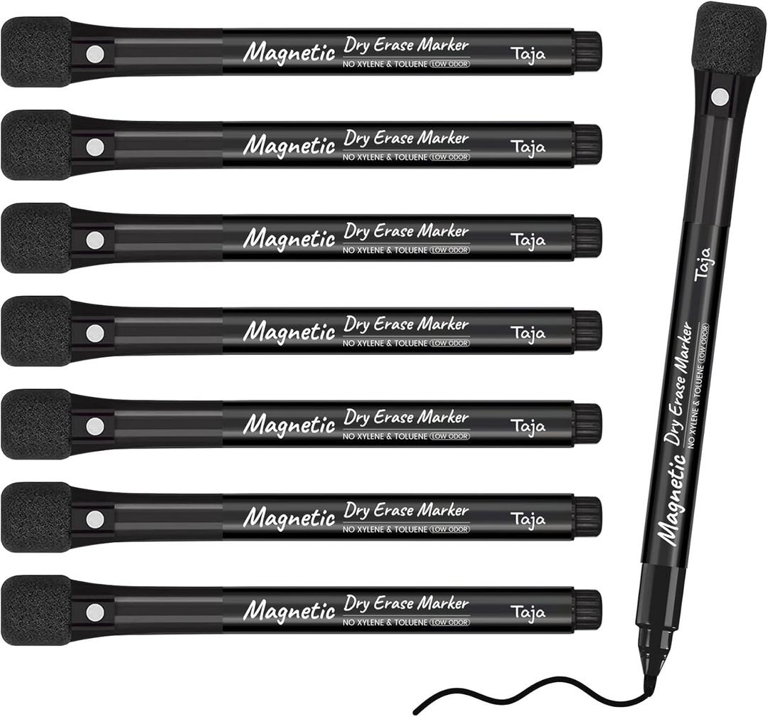 Taja Magnetic Dry Erase Whiteboard Markers, 8 Count Black Fine Tip Thin Dry Erase Markers with Eraser for Home Office School Supplies-Black