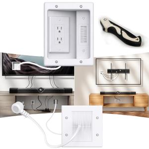 in-Wall TV Cable Concealer Kit with Recessed Power 2 AC Outlet, 9ft Cord, and Hand Saw Easy, Safe Cable Management for Organized TV and Home Theater SetupsEasy Installation KitMultiple Scenarios