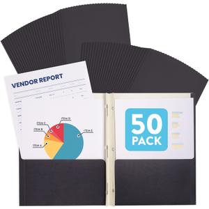 Blue Summit Black Pocket Folders with Prongs, Black Folders with Prongs, 2 Pocket Folder with 3 Brads, Paper, 50 Pack