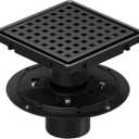 6 Inch Square Shower Drain with Flange, 304 Stainless Steel Floor Drain, Quadrato Grate, Removable Hair Catcher, Anti Odor Pest Sealing Plug, High Flow Drainage, Matte Black (Black, 6 Inch)