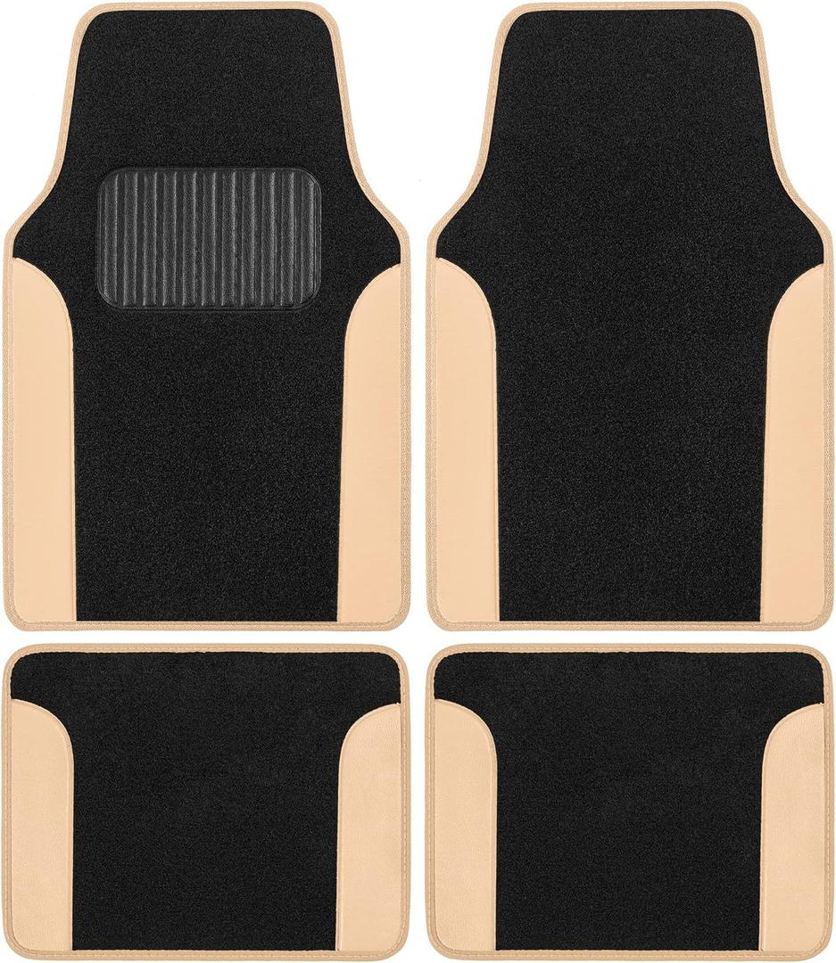 BDK Two-Tone Carpet Car Floor Mats with Faux Leather Accents, Automotive Floor Mat Set with Built-in Heel Pad, Stylish Interior Car Accessories (Beige)