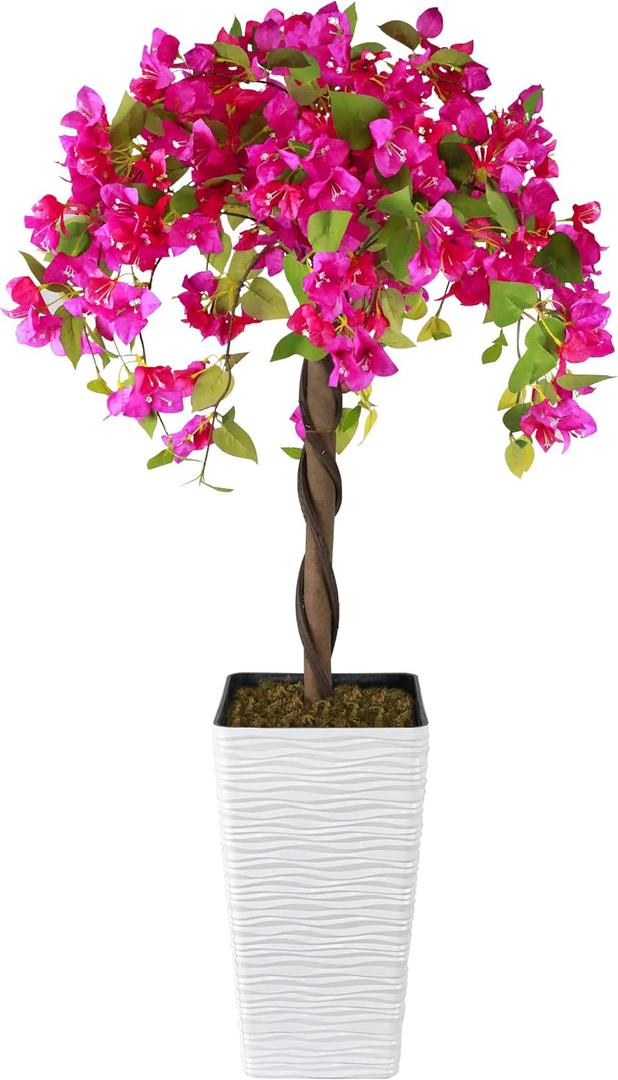 Artificial Bougainvillea Tree 4FT, Fake Silk Floral Tree with White Planter, Decorative Topiary Plant, Potted Faux Flower Tree for Home Porch Decor Indoor Outdoor
