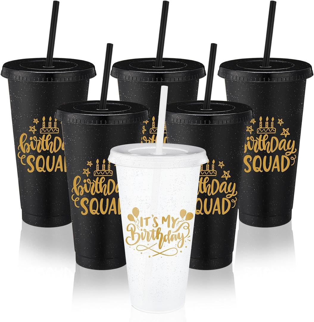 Birthday Squad Cups 24 oz Party Tumblers Plastic Tumblers with Lid and Straw for 20th 30th 40th 50th 60th Birthday Decorations Favor for Women Girls Adults(White,Black,6 Pcs)