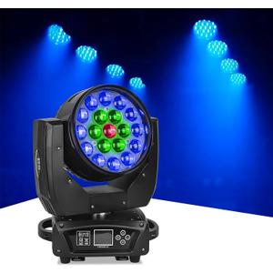 Moka SFX Moving Head Light 19x15W Beam Wash Zoom Stage Lights RGBW 4 in1 LED DJ Lights by Sound Activated Auto DMX Control for Stage Effect Dj Disco Nightclub and Party