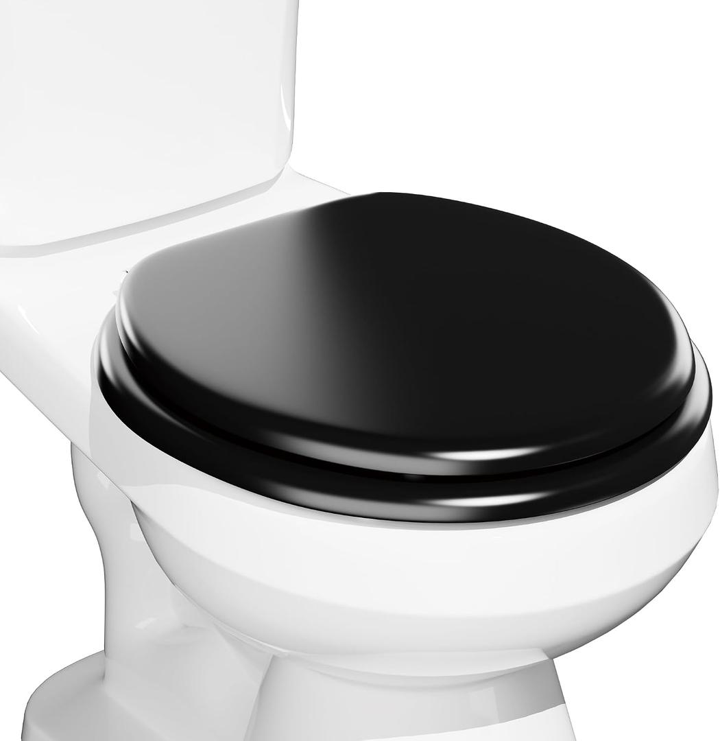 Round Black Slow Close Toilet Seat, Heavy Duty Wood Toilet Seat with Baked Enamel Finish, Support 400 bls, Toilet Lid with Soft Close Zinc Alloy Hinges, Grip-Tight Bumpers, Easy Clean, Quick-Assembly