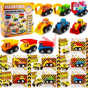 JOYIN 28 Valentine's Day Mini Construction Vehicle Greeting Cards for Kids Classroom Exchange Prizes, Construction Truck Toys Party Favor Gifts