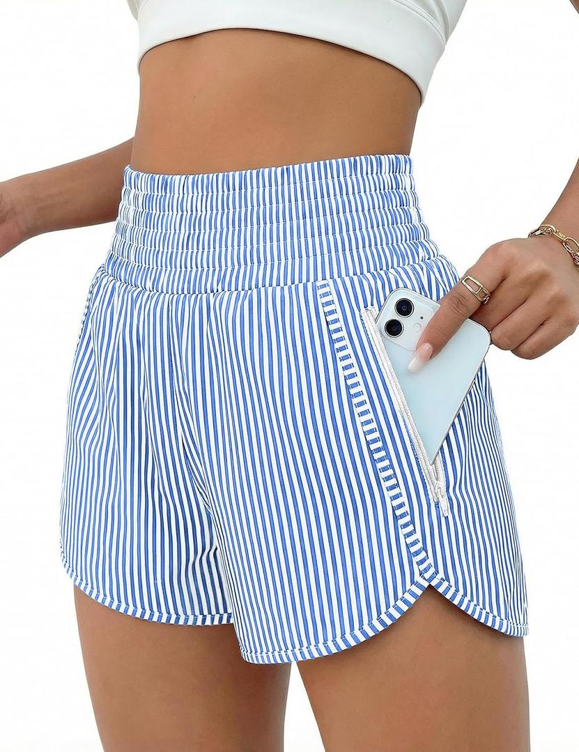 BMJL Women's Athletic Shorts High Waisted Running Short Pocket 2.5" Sporty Shorts Gym Elastic Workout Shorts(S, Blue Striped)