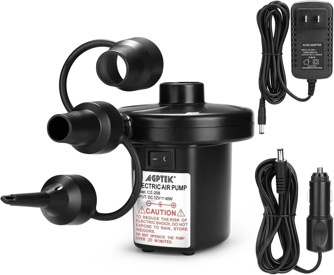 AGPTEK Electric Air Pump,Portable Air Pump with 3 Nozzles, 4.5kPa Quick-Fill,110V AC/12V DC Inflator/Deflator Pumps for Outdoor Camping, Inflatable Air Mattress Beds, Boats, Swimming Ring