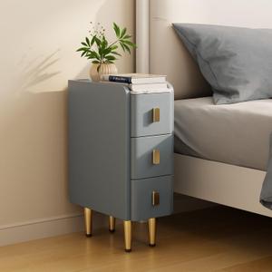 Narrow Nightstand with Drawers, Narrow Side Table Leather, Small Bedside Tables for Bedroom. (Dark Gray)