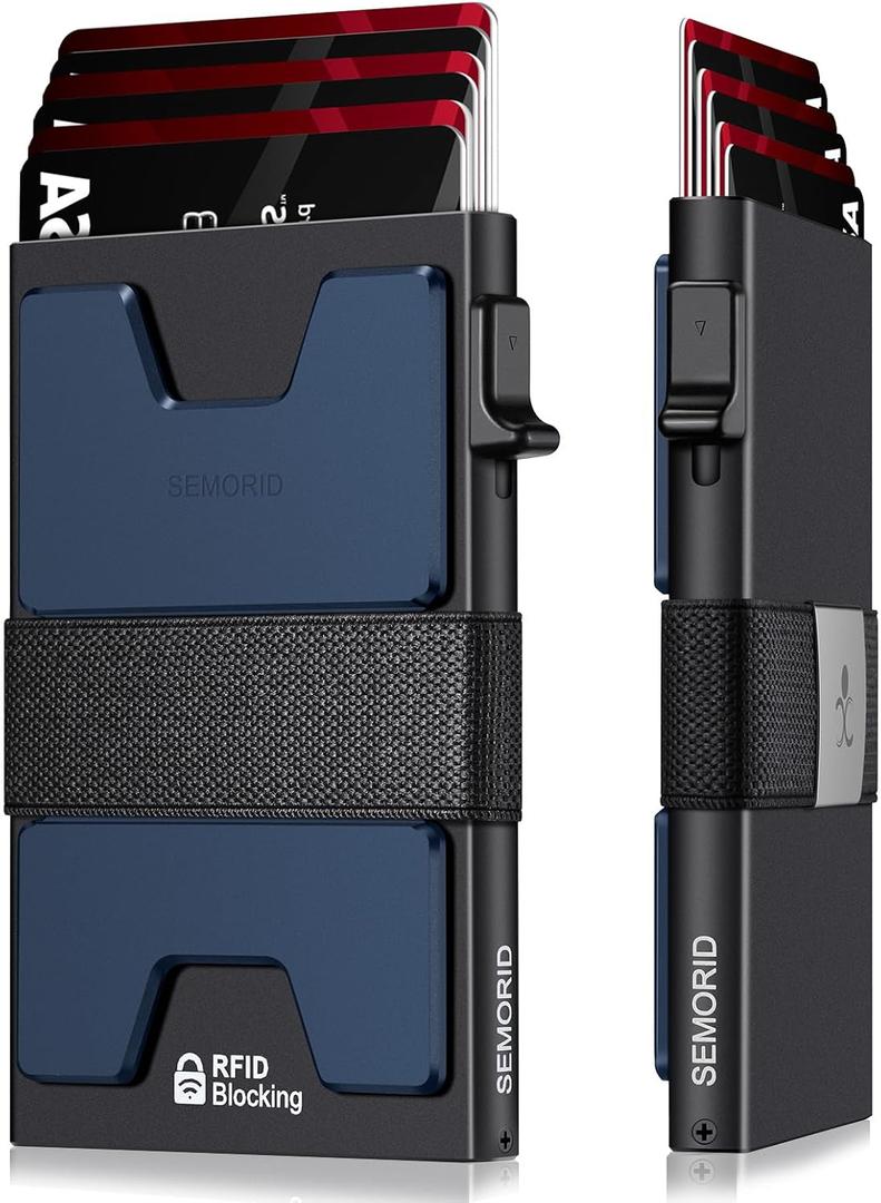SEMORID Slim Aluminum Card Holder Wallet for Men, Durable Expandable Backplate, RFID Blocking Minimalist Metal Pop Up Wallet, Holds 12+ Cards Plus Cash (Black + Navy)