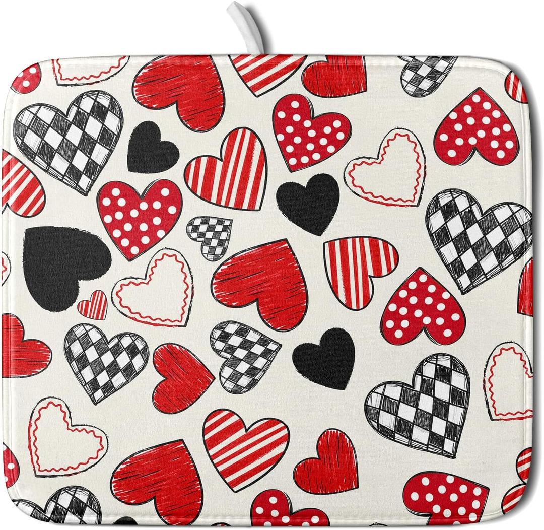 Valentines Day Dish Drying Mat for Kitchen Counter 18x16 Inch Red Heart Drying Mat with Absorbent Reversible Microfiber Holiday Love Dish Drainer Mats Rack Pad for Coffee Countertop Protector