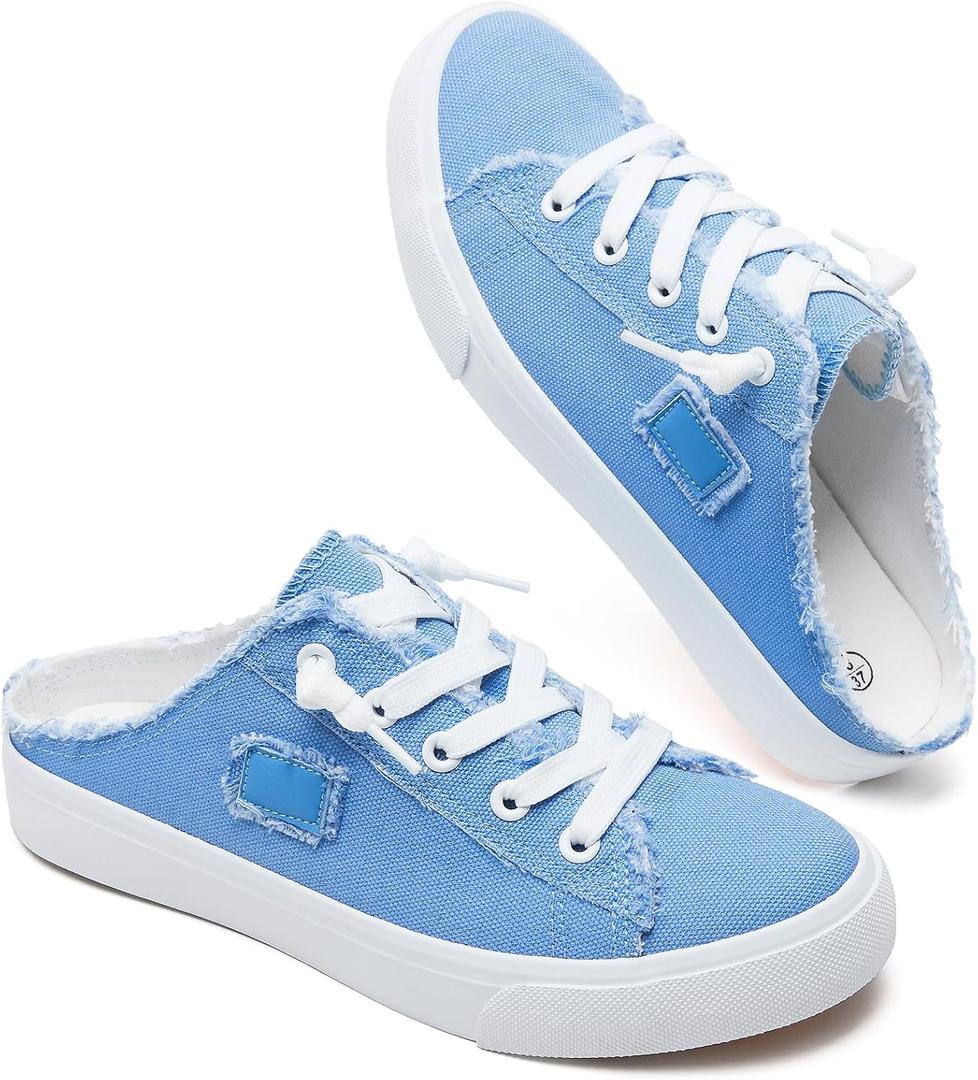 BENPAO Women's Slip on Sneakers Canvas Slip ons Shoes Fashion Comfortable Mules Womens Non Slip Loafers Casual Backless Shoes, 7.5, Denim Blue