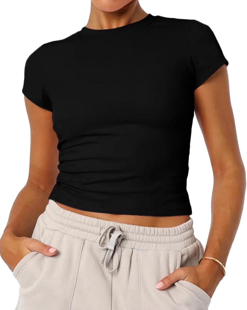 Women's Basic Summer Short Sleeve Crewneck T-Shirts Y2K Cute Going Out Tops Baby Tee (Medium, Black)